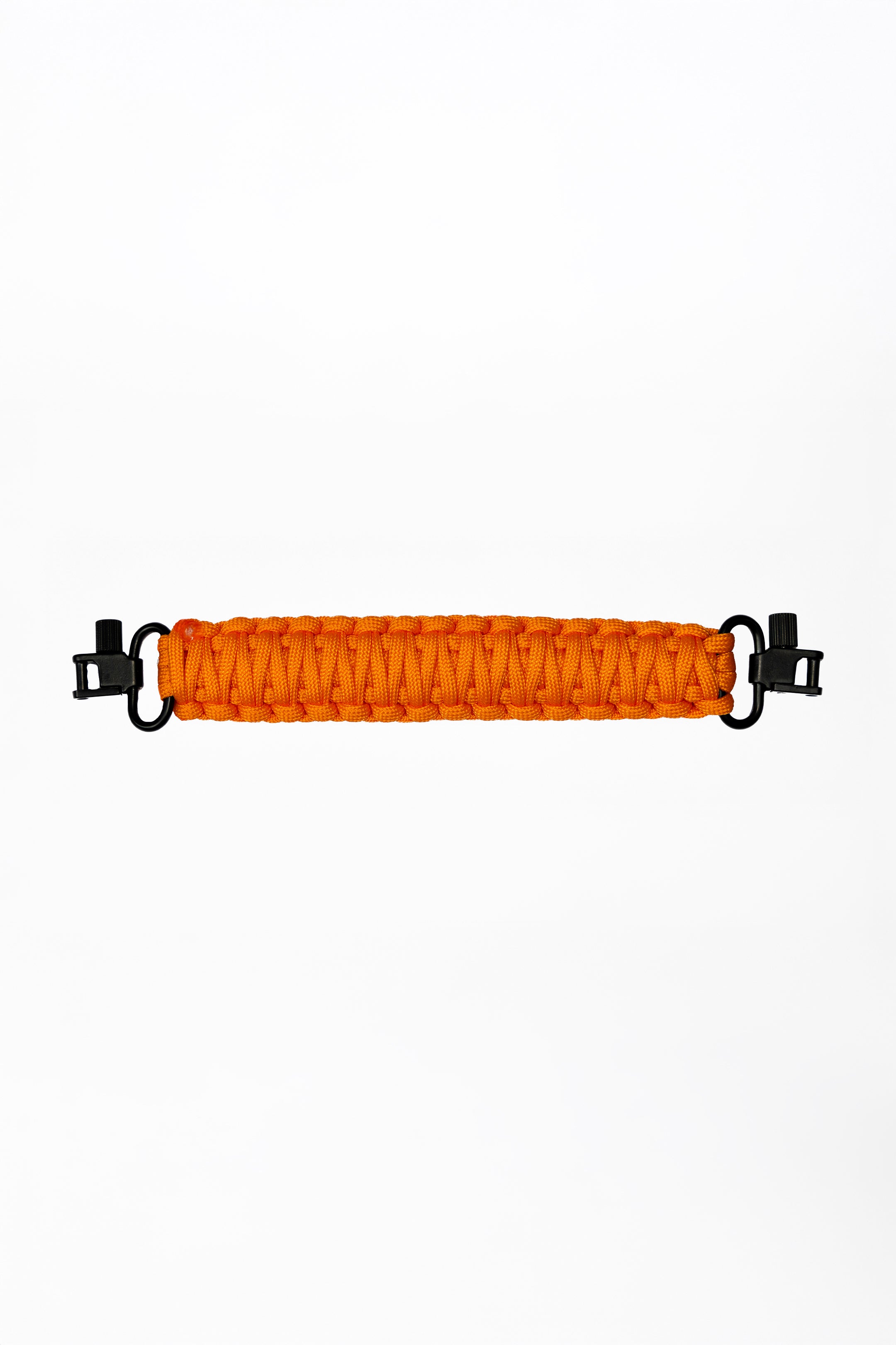 Shinogi Paracord Utility Handle in orange, hand-woven high-tension paracord with matte black zinc alloy connector clips, product flat lay