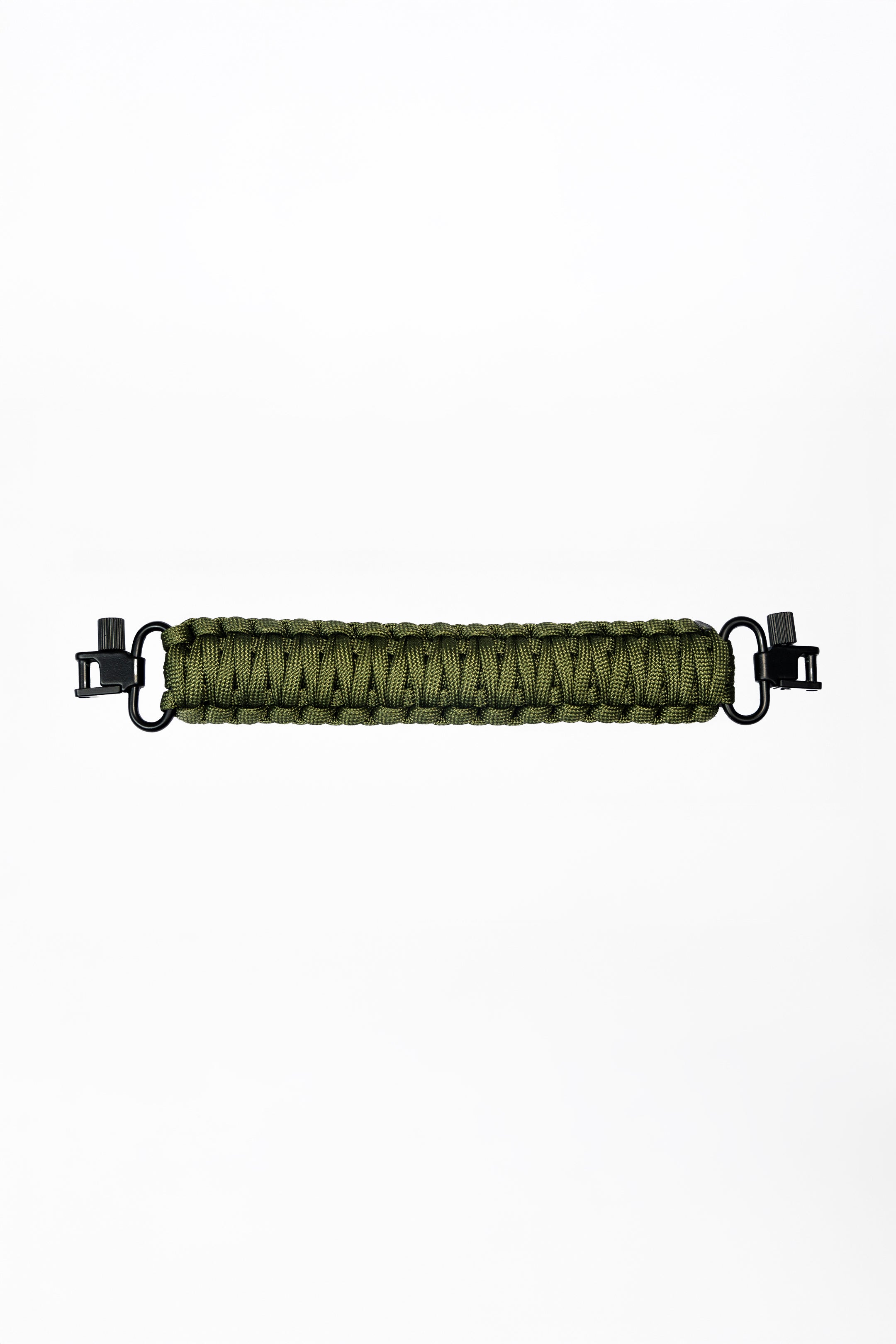 Shinogi Paracord Utility Handle in olive green, hand-woven paracord with matte black zinc alloy connector hardware, product flat lay